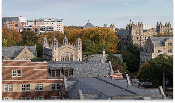View of University of Michigan campus buildings with fall trees and modern city buildings in the background.
